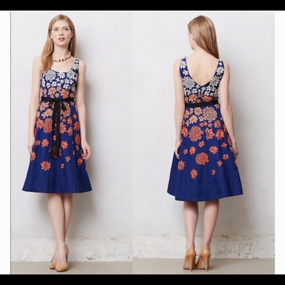 Anthropologie Navy Blue Midi Dress with Orange Floral Embroidery